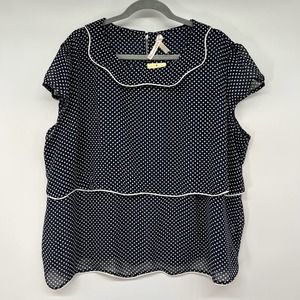 NWT Kristin Miles Polka Dot Tiered Blouse Women's Sz 3XL Navy Blue Ruffle Collar